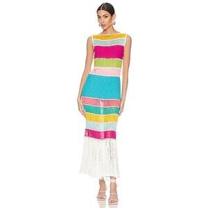 My Beachy Side Swim Coverup Dress Rainbow Maxi Fringe Knit Crochet‎ Small